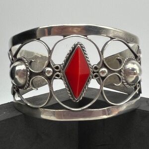 TAXCO SILVER .925 Cuff Bracelet w/Red Coral/Vintage